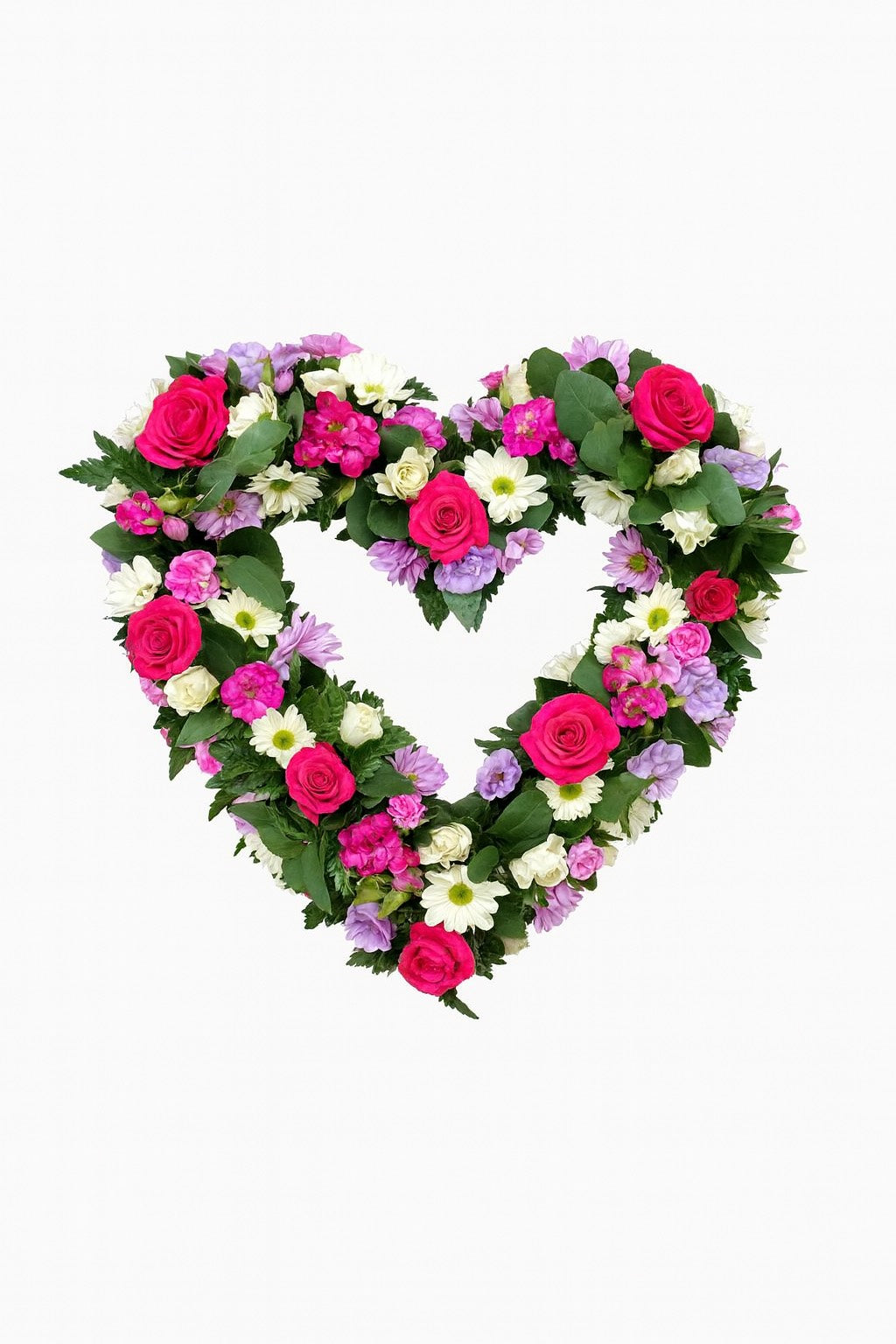 Pink, white & purple heart funeral wreath