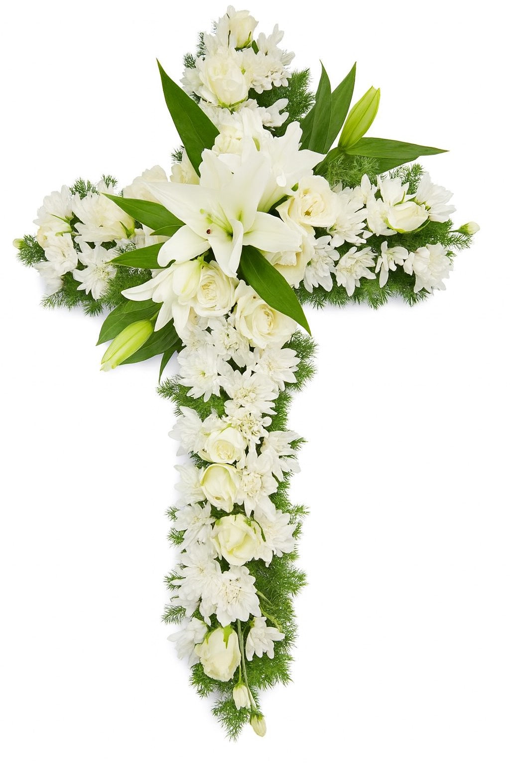 All white cross funeral wreatg