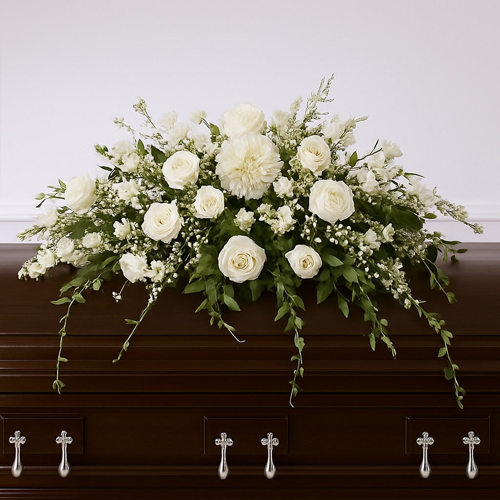 All white mixed Funeral Casket 1 metre